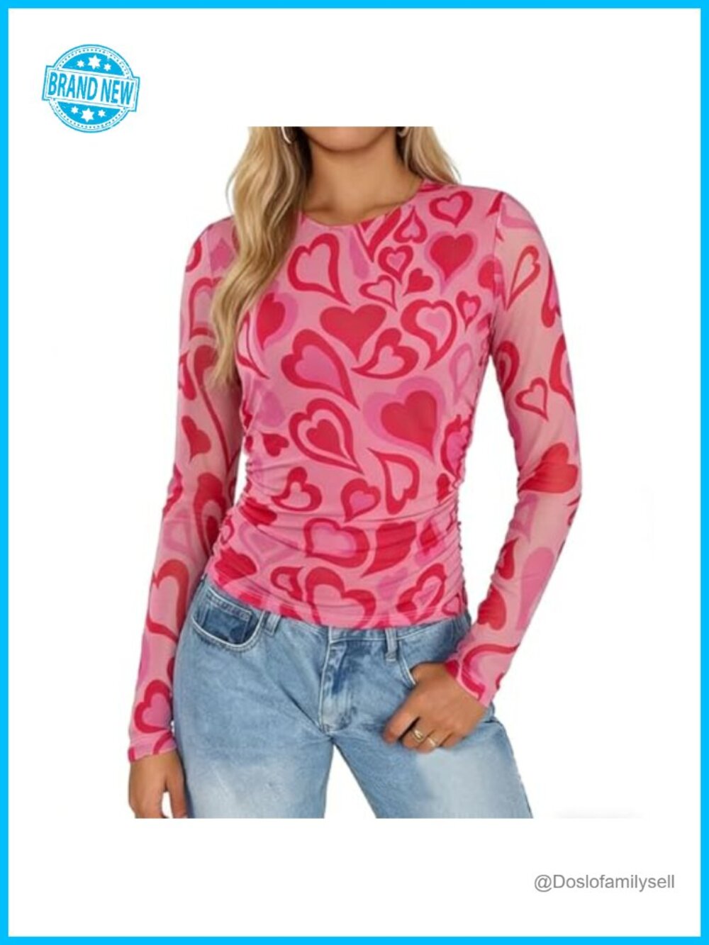 Sheer Mesh Long Sleeve Top Heart Print See Through Clubwear Tee